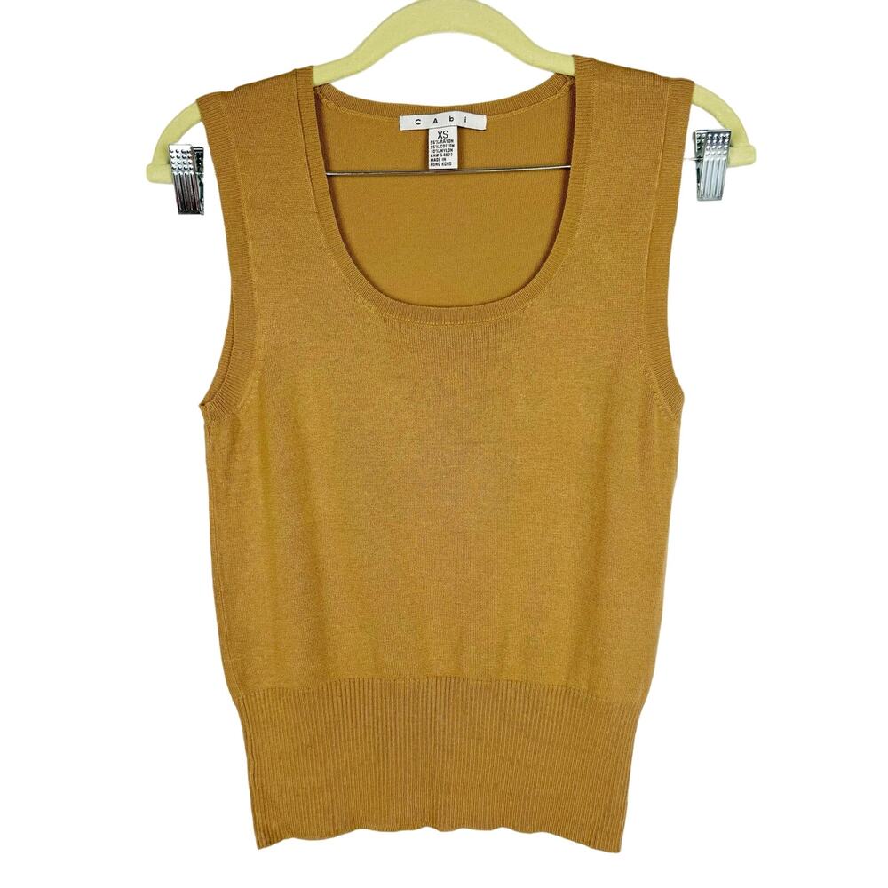 Vtg‎ CAbi Tan Knit Classic Sleeveless Rayon Cotton Blend Ribbed Top Sz XS